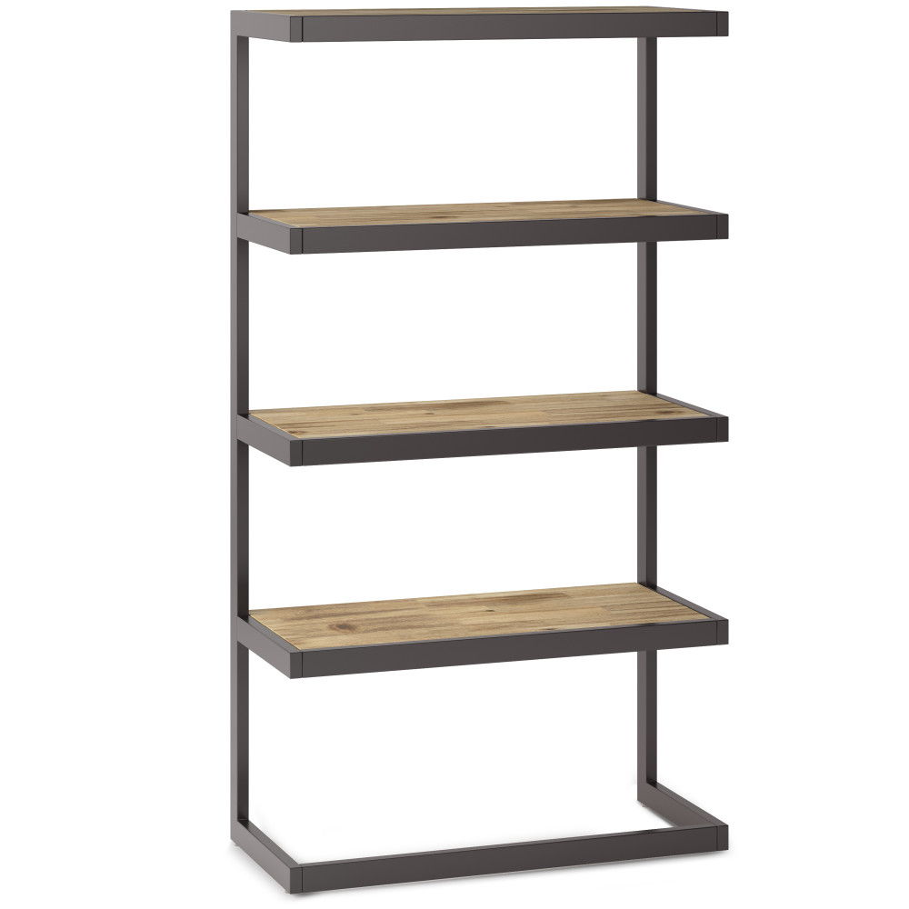 The Erina - Handcrafted Bookcase features four wooden shelves, a black metal frame, open front and sides, a rectangular base, and a minimalist design.