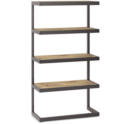 The Erina - Handcrafted Bookcase features four wooden shelves, a black metal frame, open front and sides, a rectangular base, and a minimalist design.