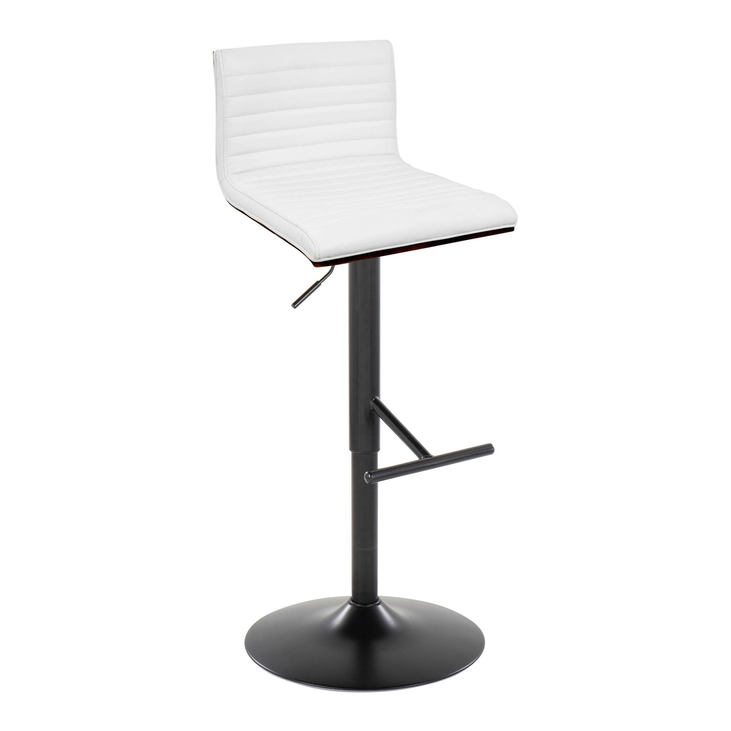 The Mason Contemporary Adjustable Barstool (Set of 2) features a white cushioned seat, low backrest, black metal pedestal base, and a straight T footrest with swivel functionality.