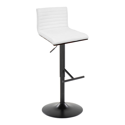 The Mason Contemporary Adjustable Barstool (Set of 2) features a white cushioned seat, low backrest, black metal pedestal base, and a straight T footrest with swivel functionality.