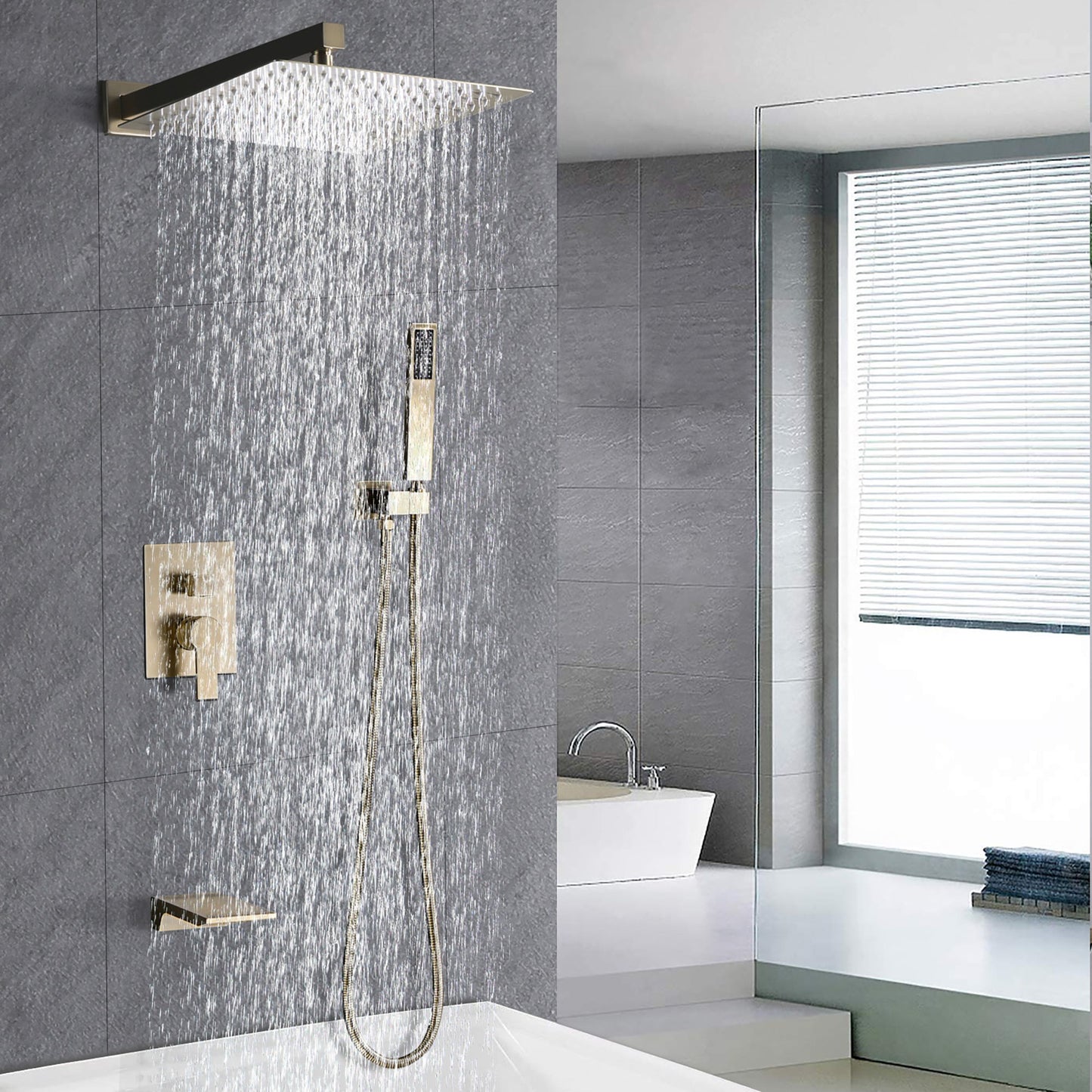Luxury Bathroom Shower System With 12" Rain Shower Head Handheld Mixer - Brushed Gold