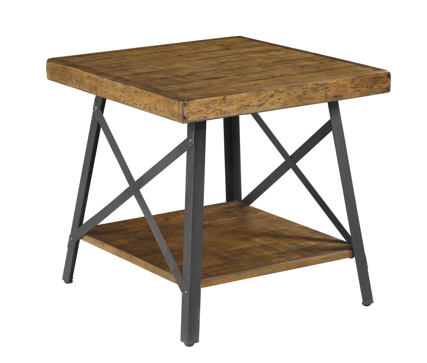 The Douglas End Table features a rustic industrial design, with a square wooden top, metal legs and cross-supports, plus a lower wooden shelf for extra storage.