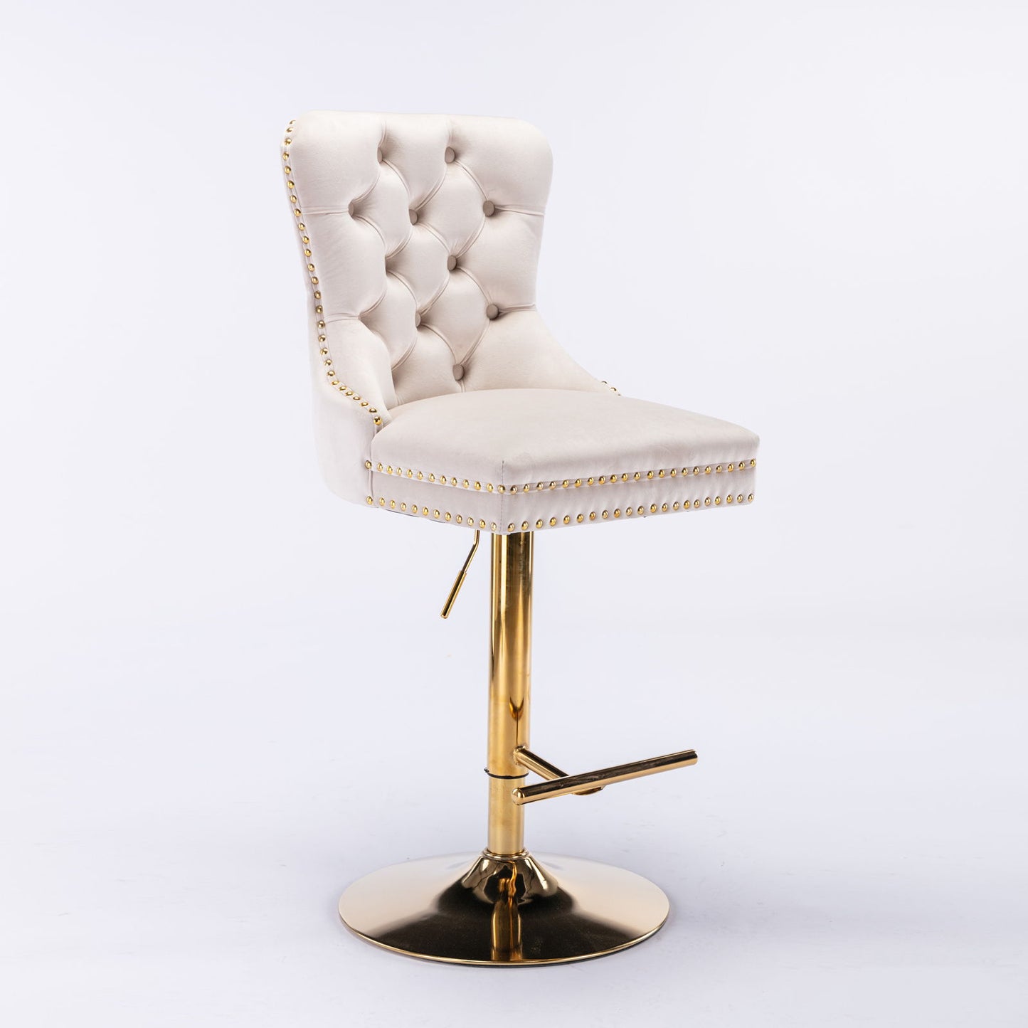 The Thick Golden Swivel Velvet Barstools (Set of 2) feature a tufted upholstered back and seat, shiny gold pedestal base with footrest, and adjustable height from 25-33", perfect for your home pub or kitchen island.