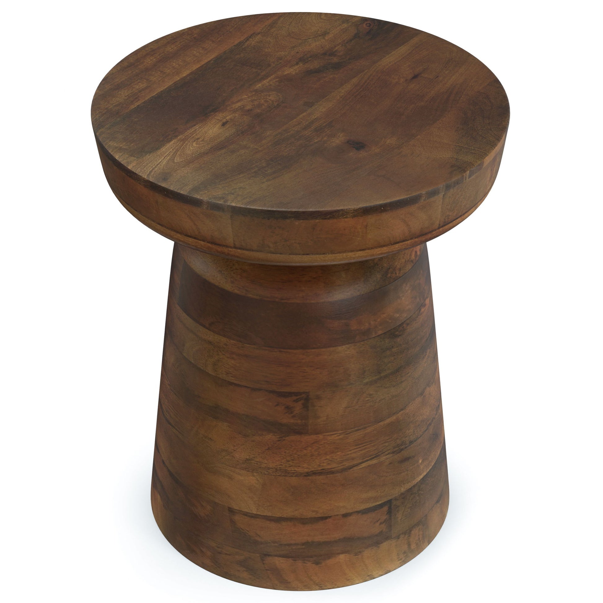 The Robbie - Handcrafted Accent Table is a small, round wooden side table with a thick circular top, tapered base, rich brown finish, and visible wood grain patterns.