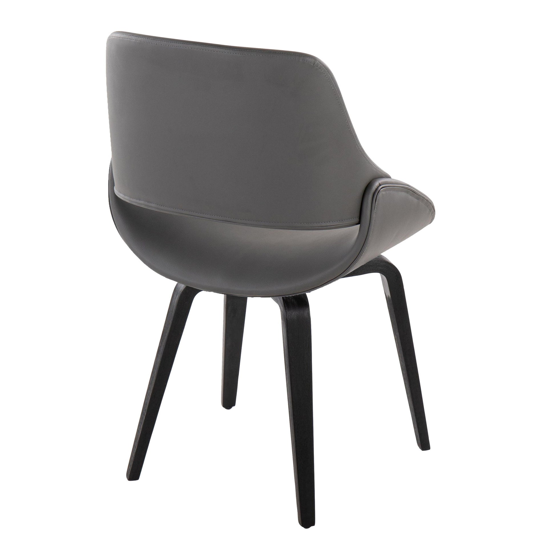 The Fabrico Mid Century Modern Dining Chair set features a smooth, curved gray backrest and seat with four angled black wooden legs, shown from behind against a white background. Set includes 2 comfortable chairs.