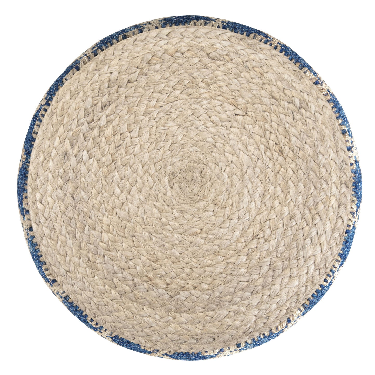 The Edgeley - Handcrafted Round Pouf features natural beige woven jute and a blue fabric border, displaying concentric circular patterns from the center outward.