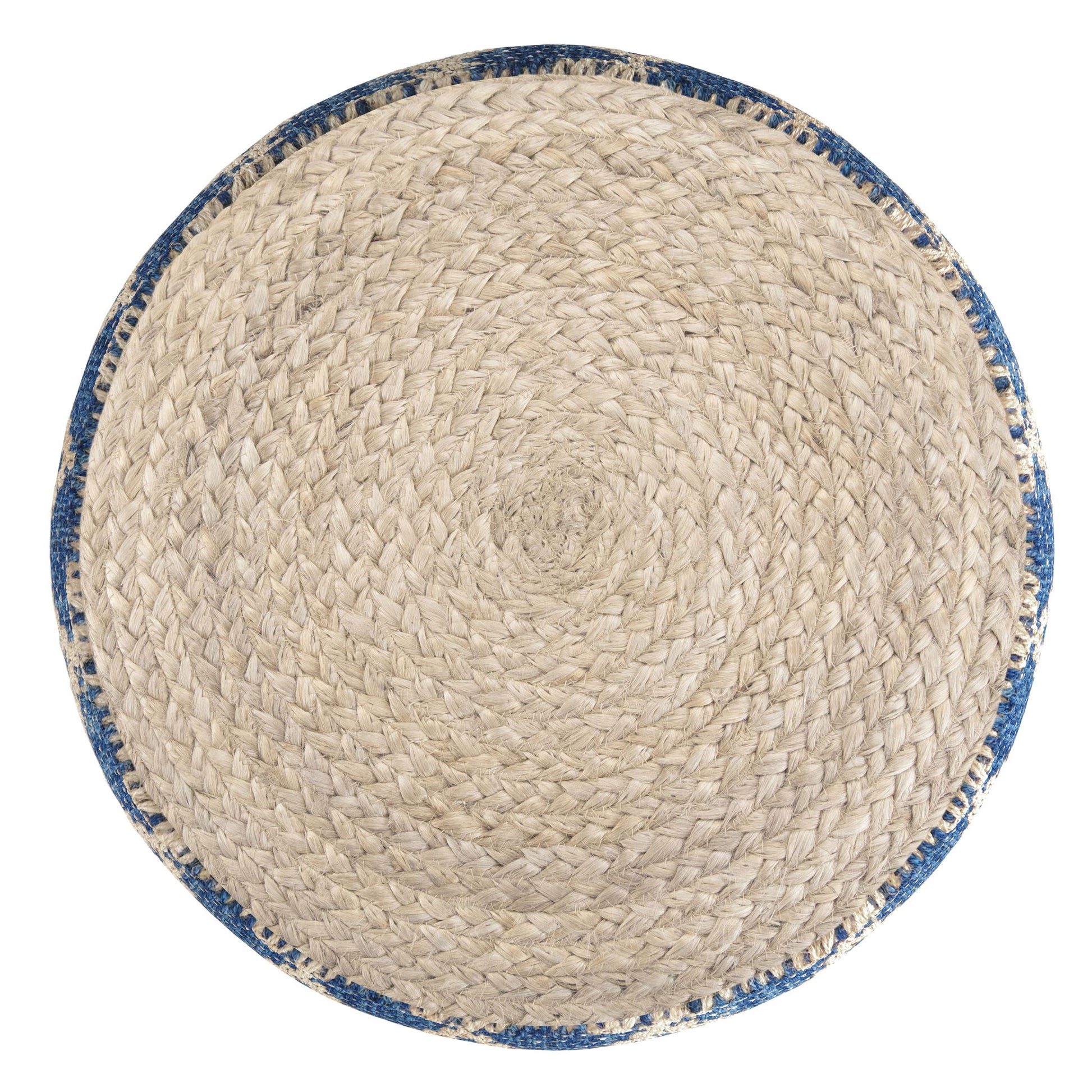 The Edgeley - Handcrafted Round Pouf features natural beige woven jute and a blue fabric border, displaying concentric circular patterns from the center outward.