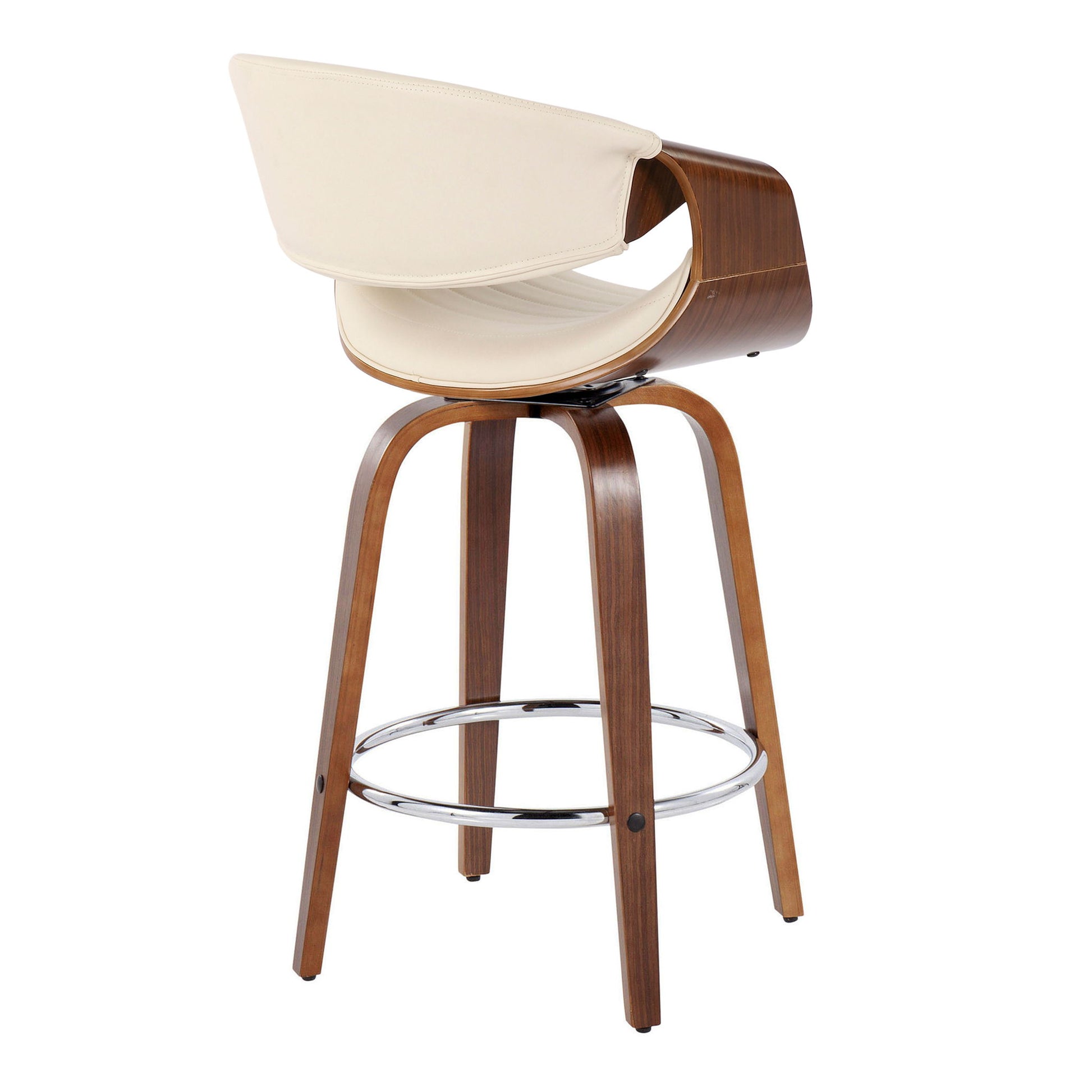 The Symphony Mid Century Modern Counter Stool features a curved wooden frame, light cream cushioned seat and back, four angled legs, and a round chrome footrest. Set of 2; fixed height with swivel design.