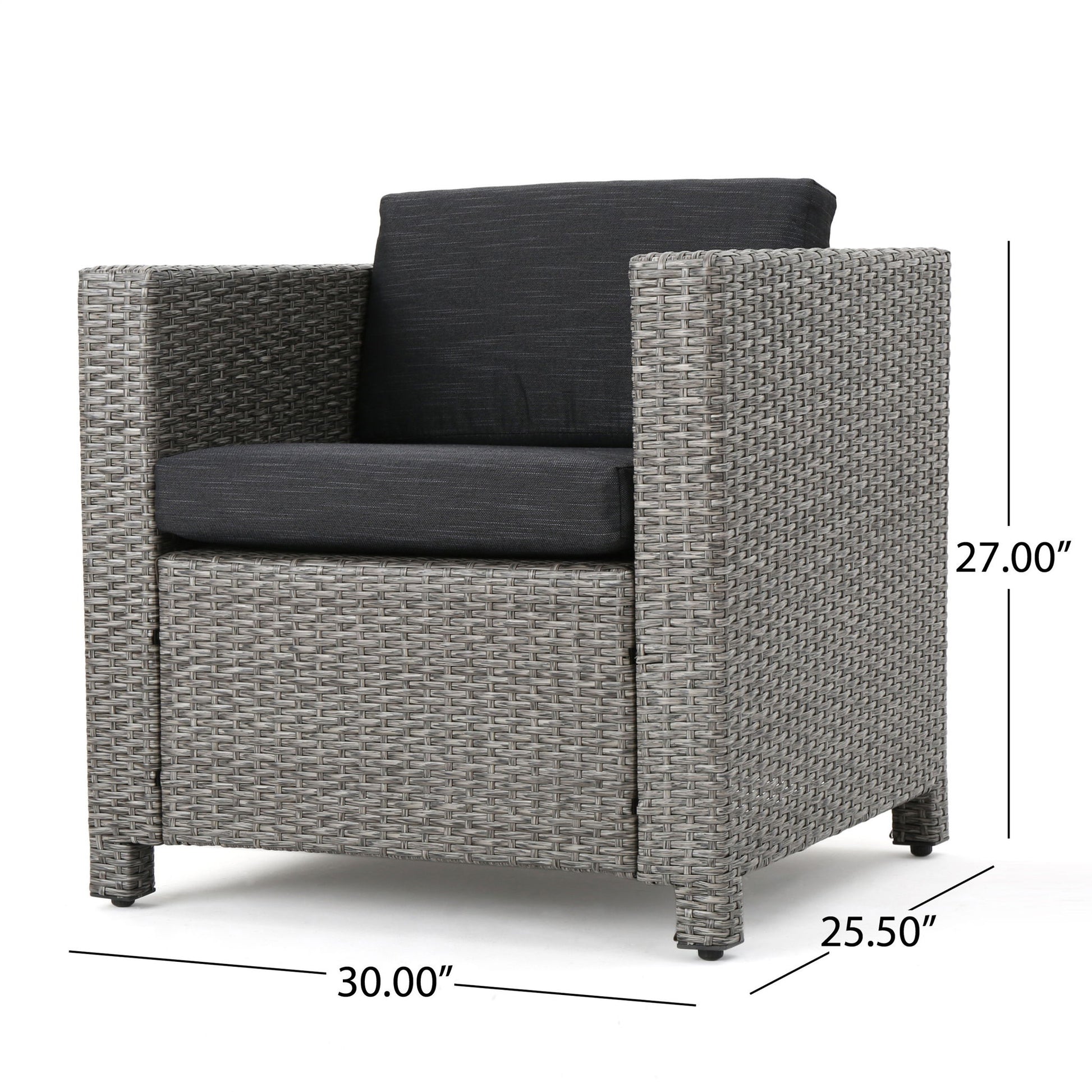 The Stylish Outdoor Club Chair features a grey wicker frame, dark weather-resistant cushions, and measures 30"W x 25.5"D x 27"H (dimensions shown in image); perfect for your modern patio.
