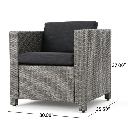 The Stylish Outdoor Club Chair features a grey wicker frame, dark weather-resistant cushions, and measures 30"W x 25.5"D x 27"H (dimensions shown in image); perfect for your modern patio.