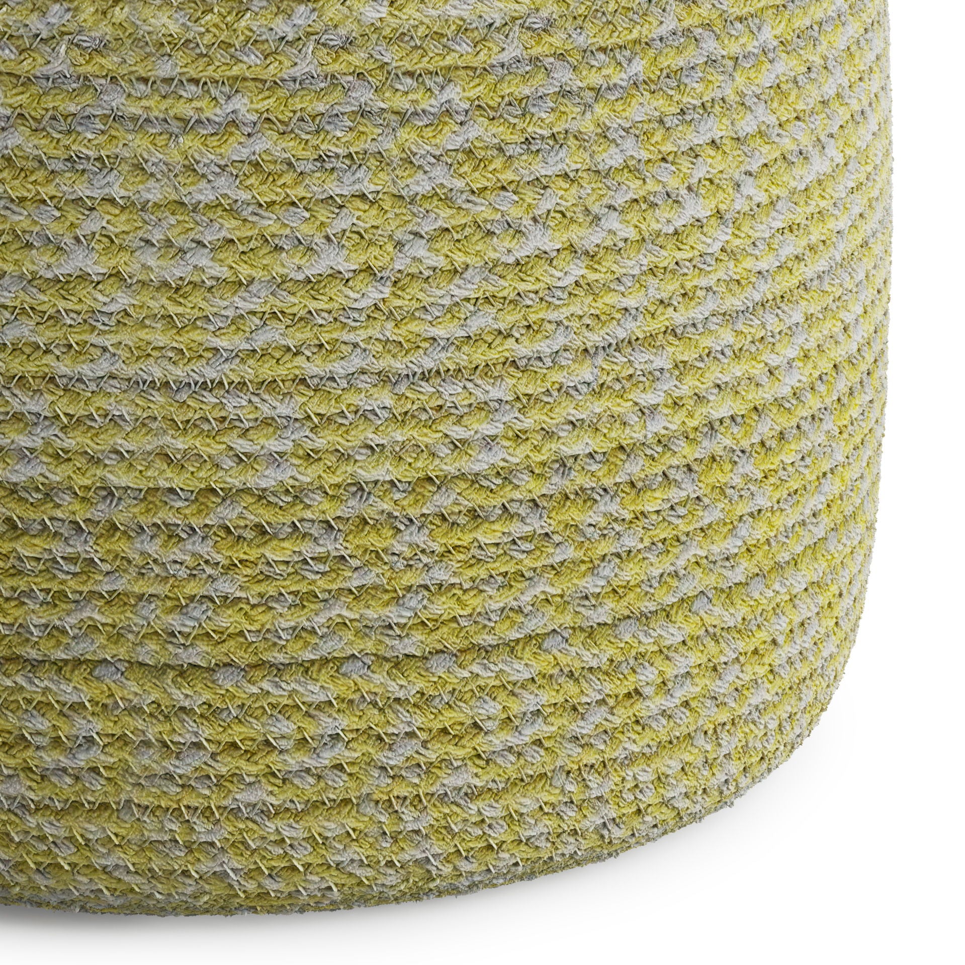 Close-up of the Bayley - Versatile Round Braided Pouf, featuring a textured woven surface in yellow and gray tones, set against a white background.