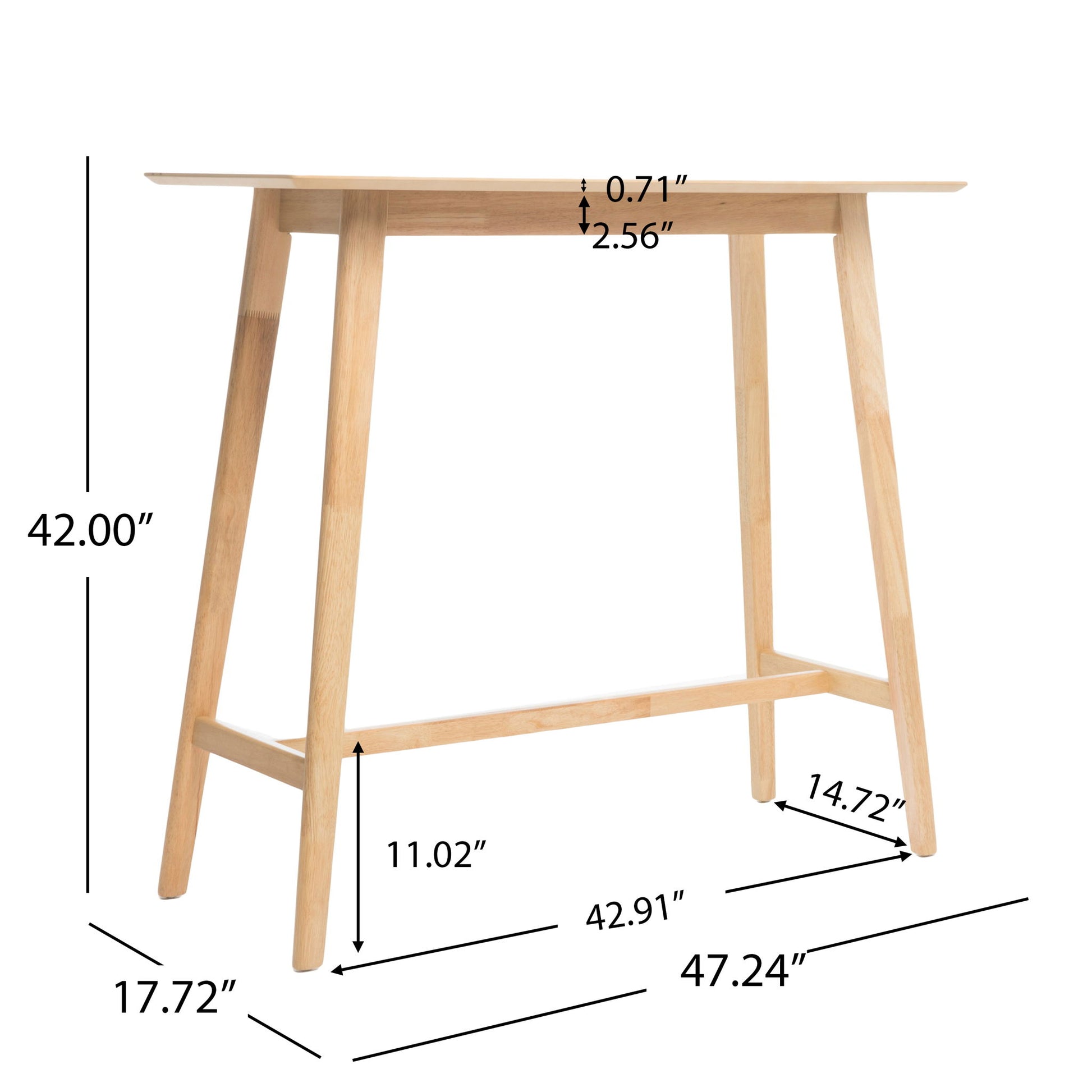 The Bar Height Dining Table With Splayed Legs And Elongated Rectangular Top features a light wood finish, four angled legs, and measures 42"H x 47.24"L x 23.7"W; top thickness is 0.71", leg width 1.57", and lower bars are at heights of 11.02" and 2.56".