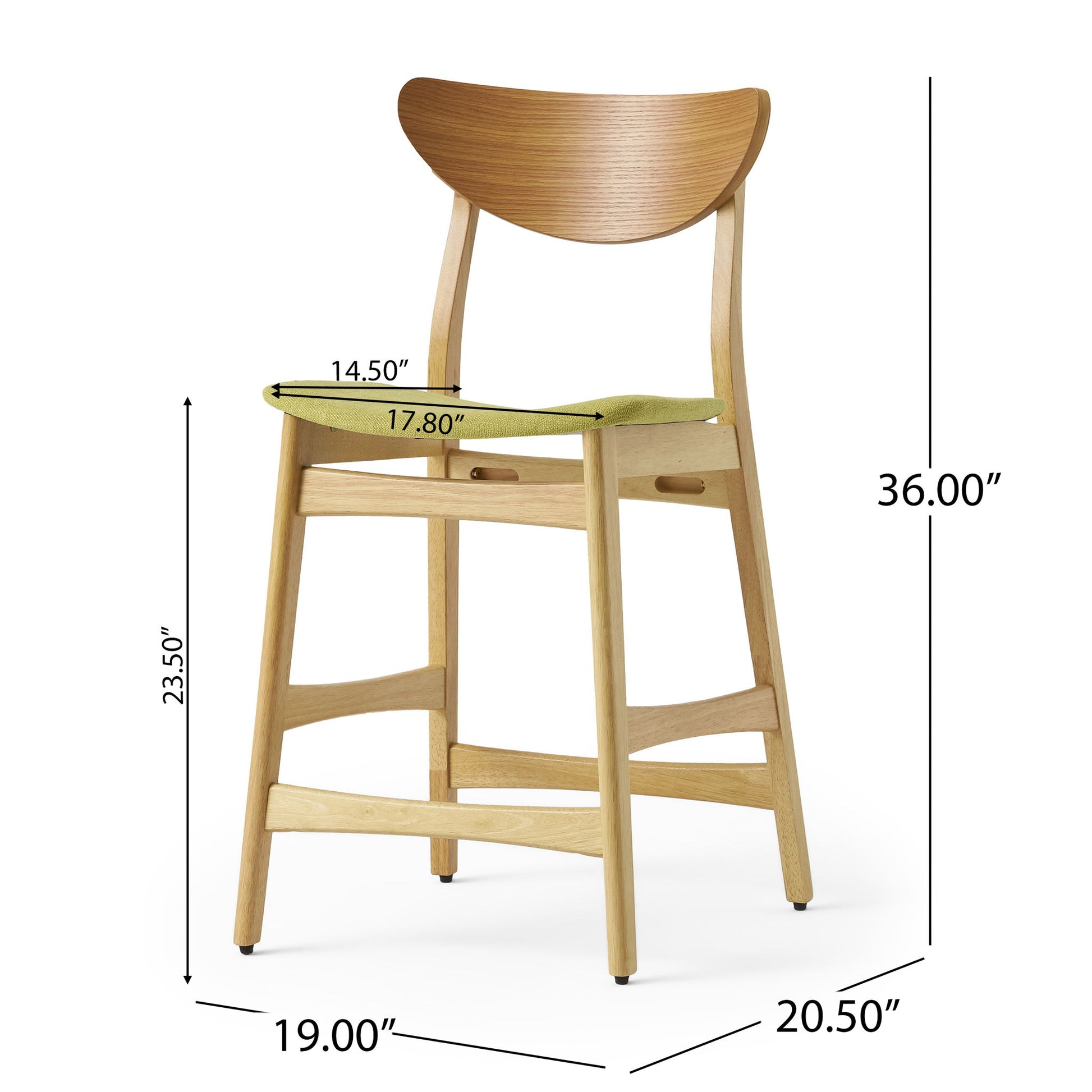 The Retro Modern Counter Height Chair Set features wooden chairs with curved backrests and green cushioned seats. Dimensions: seat height 23.5", seat width 17.8", seat depth 14.5", total height 36", width 19", depth 20.5".