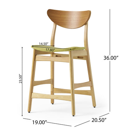The Retro Modern Counter Height Chair Set features wooden chairs with curved backrests and green cushioned seats. Dimensions: seat height 23.5", seat width 17.8", seat depth 14.5", total height 36", width 19", depth 20.5".