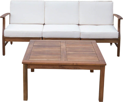 The Perla 3 Seater Sofa and Table Set features a wooden patio sofa with white cushions, positioned behind a matching rectangular wooden coffee table with a slatted top.