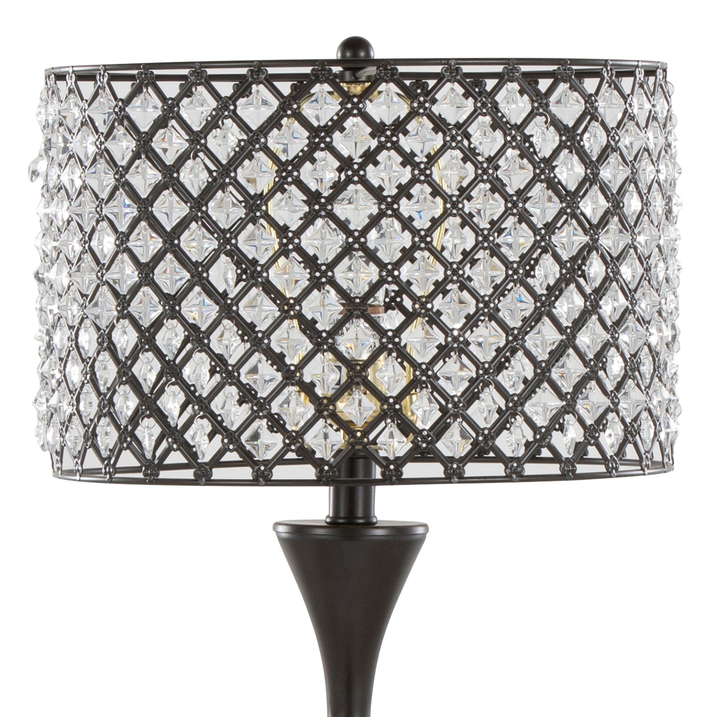 A close-up of the Topaz - Contemporary Table Lamp, featuring a black metal base and a cylindrical lattice-patterned shade adorned with clear crystal-like accents.