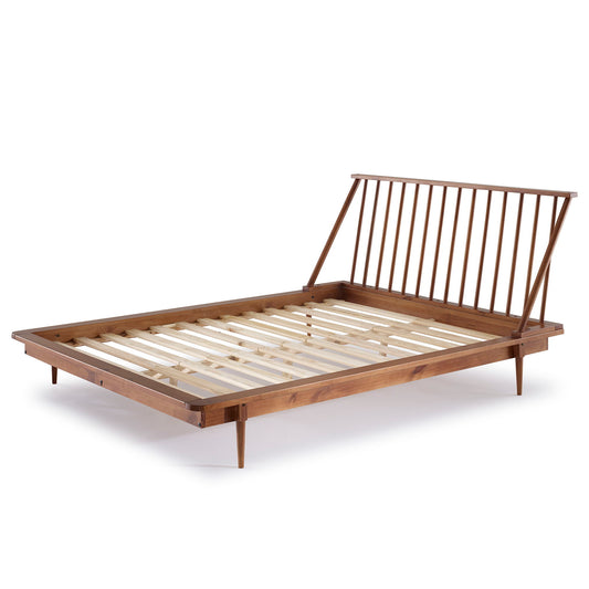 The Mid-Century Modern Solid Wood Platform Bed Frame with Spindle Headboard features angled legs, a slatted base, and a tall spindle headboard in a natural wood finish, displayed on a white background.