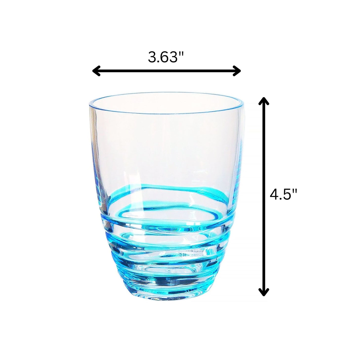 A Leading Ware Swirl Acrylic Drinking Glass (set of 4), with a blue tint, measures 3.63 inches wide and 4.5 inches tall; shown on a white background with arrows and dimensions labeled.
