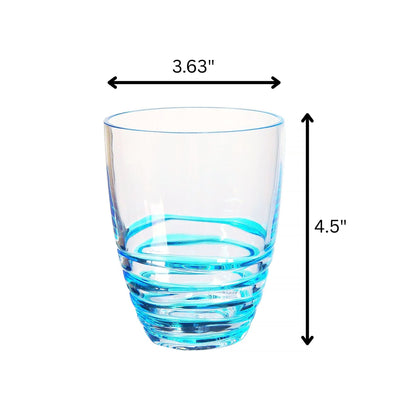 A Leading Ware Swirl Acrylic Drinking Glass (set of 4), with a blue tint, measures 3.63 inches wide and 4.5 inches tall; shown on a white background with arrows and dimensions labeled.