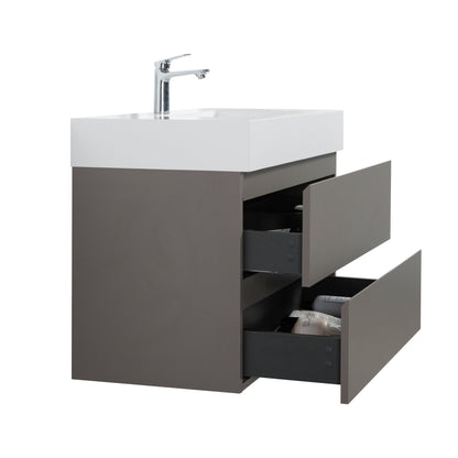 The Alice Bathroom Vanity is a modern, wall-mounted unit with a one-piece white sink basin and a grey cabinet featuring two open drawers for toiletries.