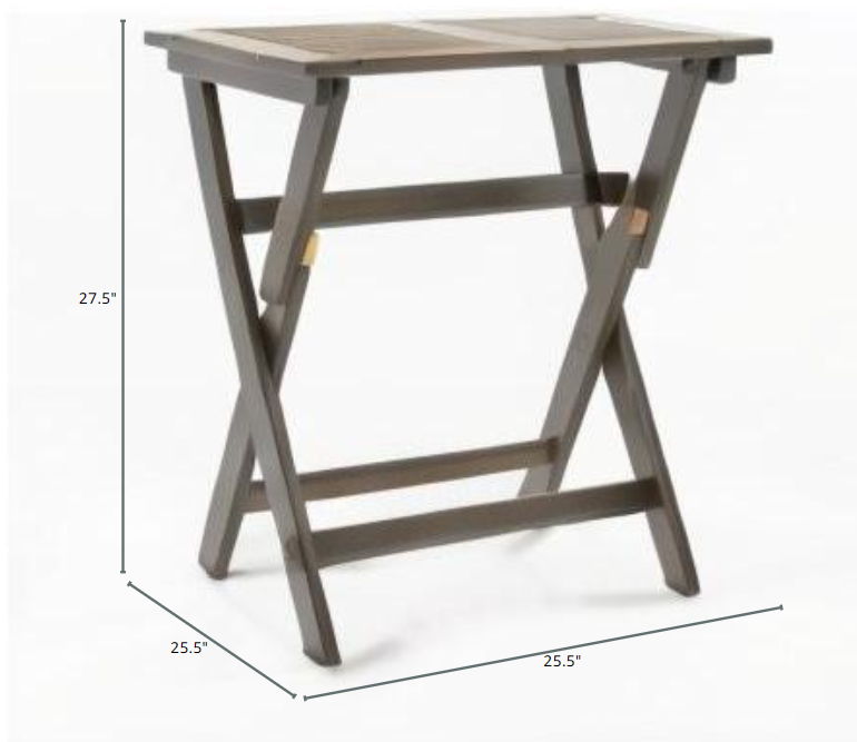 The Positano - Foldable Dining Set features a small, rectangular wooden table with crossed legs, slatted top, and side bars. Dimensions: 27.5" H x 25.5" W x 25.5" D.