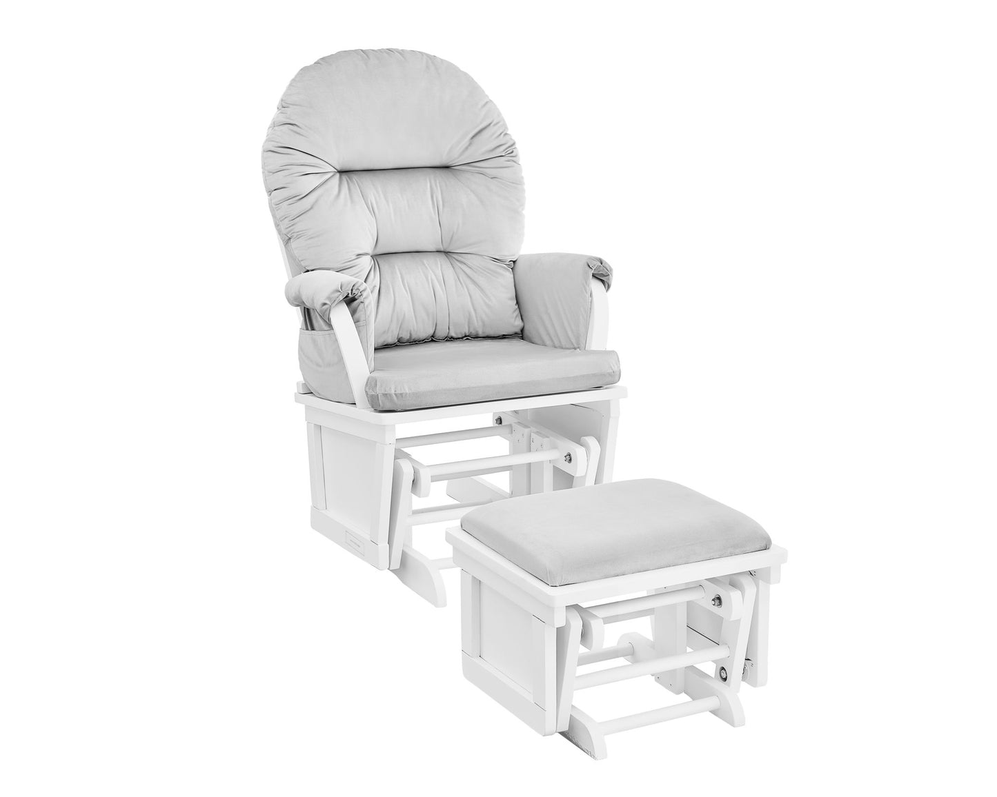 The Madison Glider & Ottoman features a white base with light gray cushioned seats for comfort and relaxation, including a matching ottoman—ideal for any cozy setting.