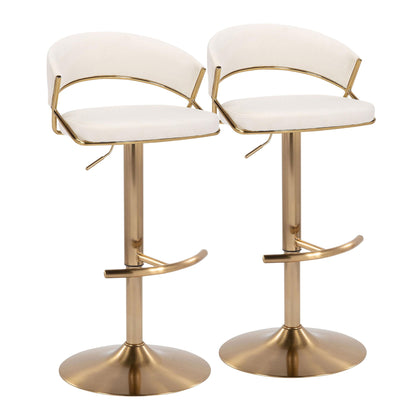The Jie set includes two contemporary adjustable barstools with swivel, white cushioned seats and backs, gold metal frames, and rounded T footrests for a sleek modern look.