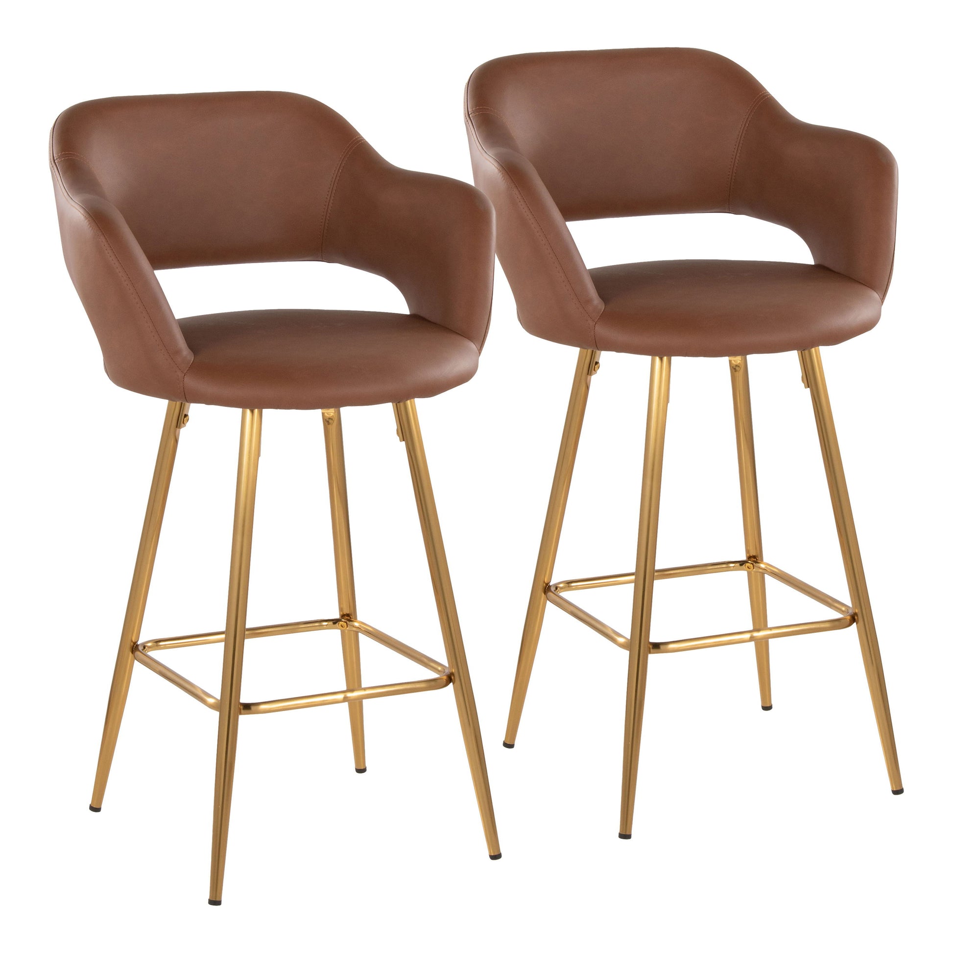 The Margarite set includes two contemporary fixed-height counter stools, each featuring brown leather upholstery with backs and armrests, as well as sleek gold metal legs and footrests. These stools are showcased on a plain white background.