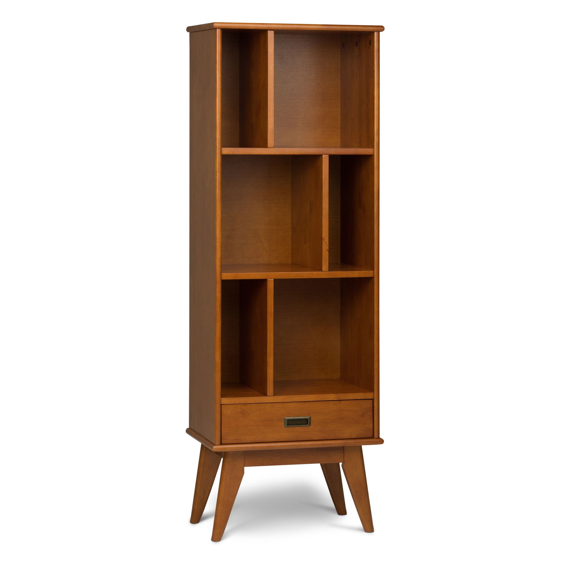 The Draper - Mid Century Wide Bookcase and Storage Unit features an asymmetrical design with open shelves, a single bottom drawer, four angled legs, and a medium brown wood finish.