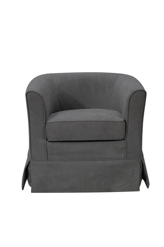 The Tucker - Woven Fabric Swivel Barrel Chair features dark gray upholstery, a rounded backrest, and a skirted base, shown from the front against a plain white background.