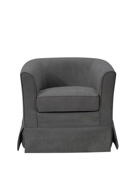 The Tucker - Woven Fabric Swivel Barrel Chair features dark gray upholstery, a rounded backrest, and a skirted base, shown from the front against a plain white background.