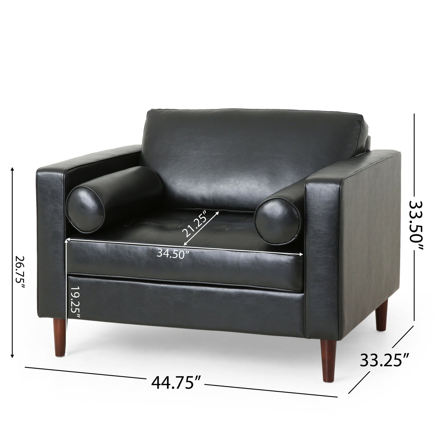 The Sophisticated Club Chair With Relaxing Comfor features black leather, two cylindrical cushions, wooden legs, and measures 44.75"W x 33.25"D x 33.5"H; seat: 21.25"D x 34.5"W; seat height: 19.25"; armrest height: 26.75".