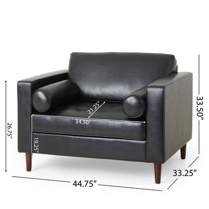 The Sophisticated Club Chair With Relaxing Comfor features black leather, two cylindrical cushions, wooden legs, and measures 44.75"W x 33.25"D x 33.5"H; seat: 21.25"D x 34.5"W; seat height: 19.25"; armrest height: 26.75".