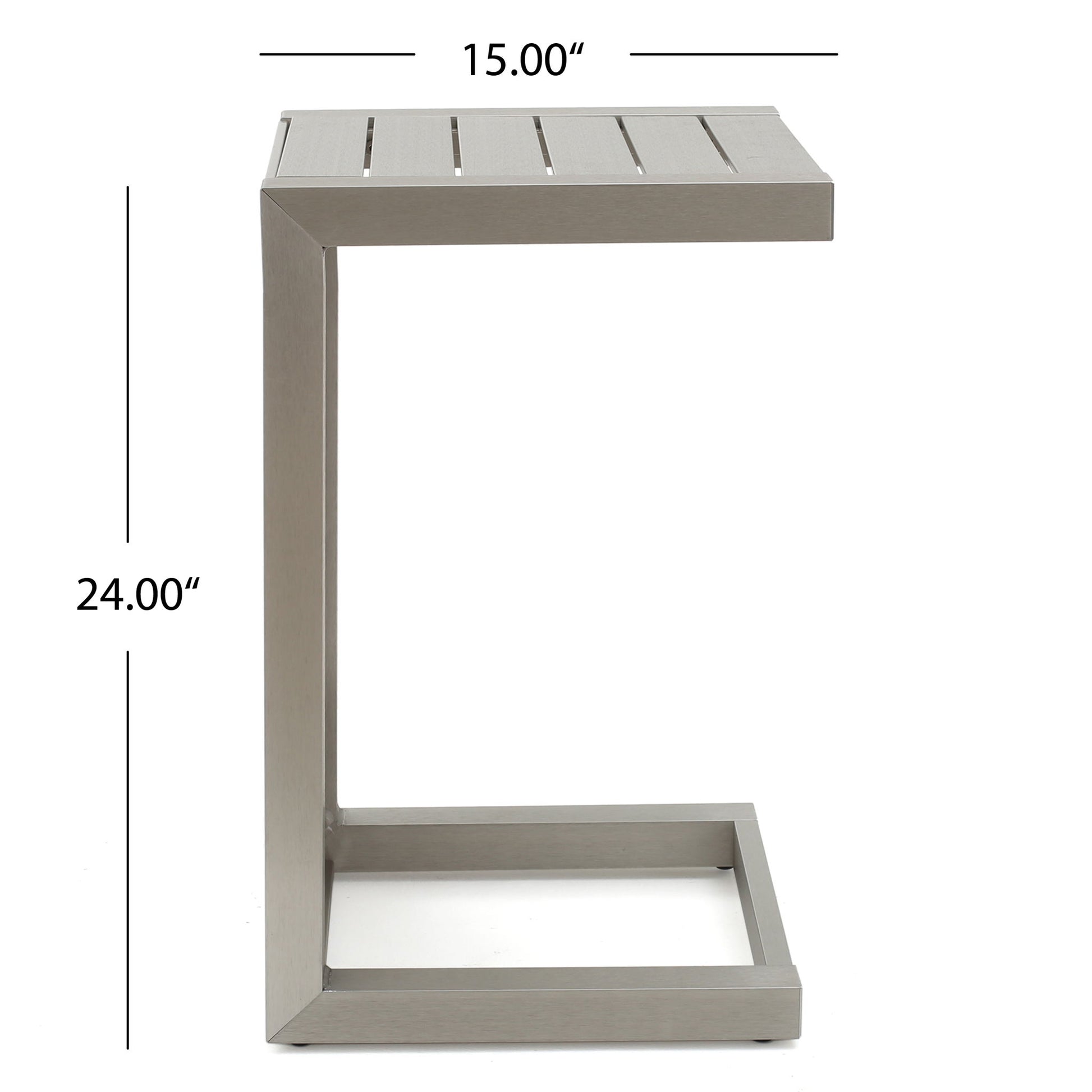 Side view of the Aluminum Outdoor C-Shaped Side Table for Patio, featuring a modern metal design with a slatted top, rectangular open base, and minimalist look. Measures 24" high and 15" wide.