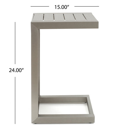 Side view of the Aluminum Outdoor C-Shaped Side Table for Patio, featuring a modern metal design with a slatted top, rectangular open base, and minimalist look. Measures 24" high and 15" wide.