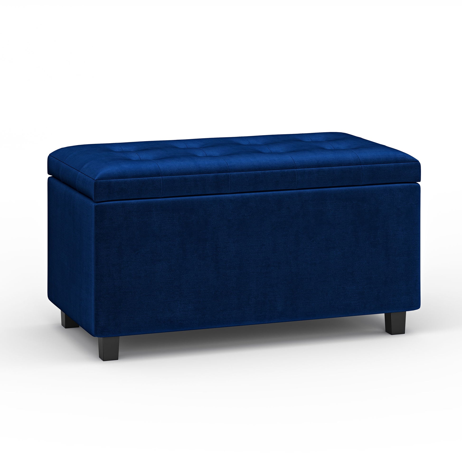 The Cosmopolitan Upholstered Storage Ottoman is a rectangular, dark blue bench with a tufted cushioned top, short black legs, and a modern design, displayed against a plain white background.
