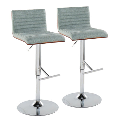 The Mason Contemporary Adjustable Barstool & Swivel (Set of 2) features light gray upholstered seats with horizontal stitching, chrome bases, round flat bottoms, straight T footrests, and adjustable height levers.