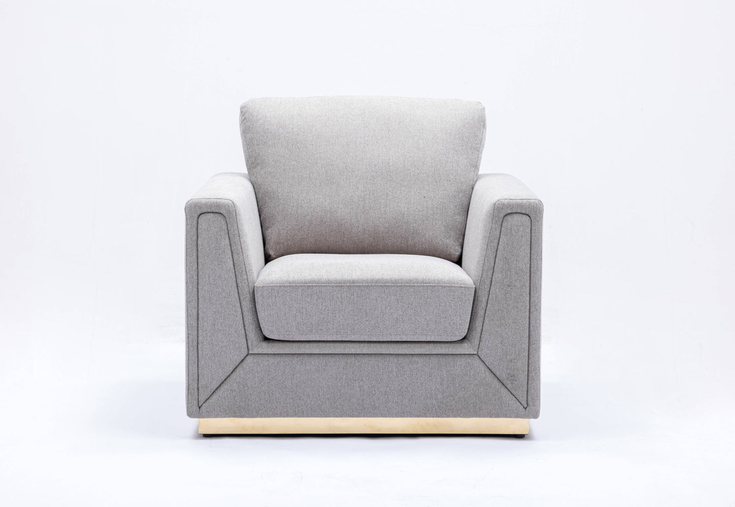 The Couch.com Valin Linen Chair for Living Room features a modern gray fabric design with thick cushioned seat and backrest, square armrests, and a light-colored base, shown against a plain white background.