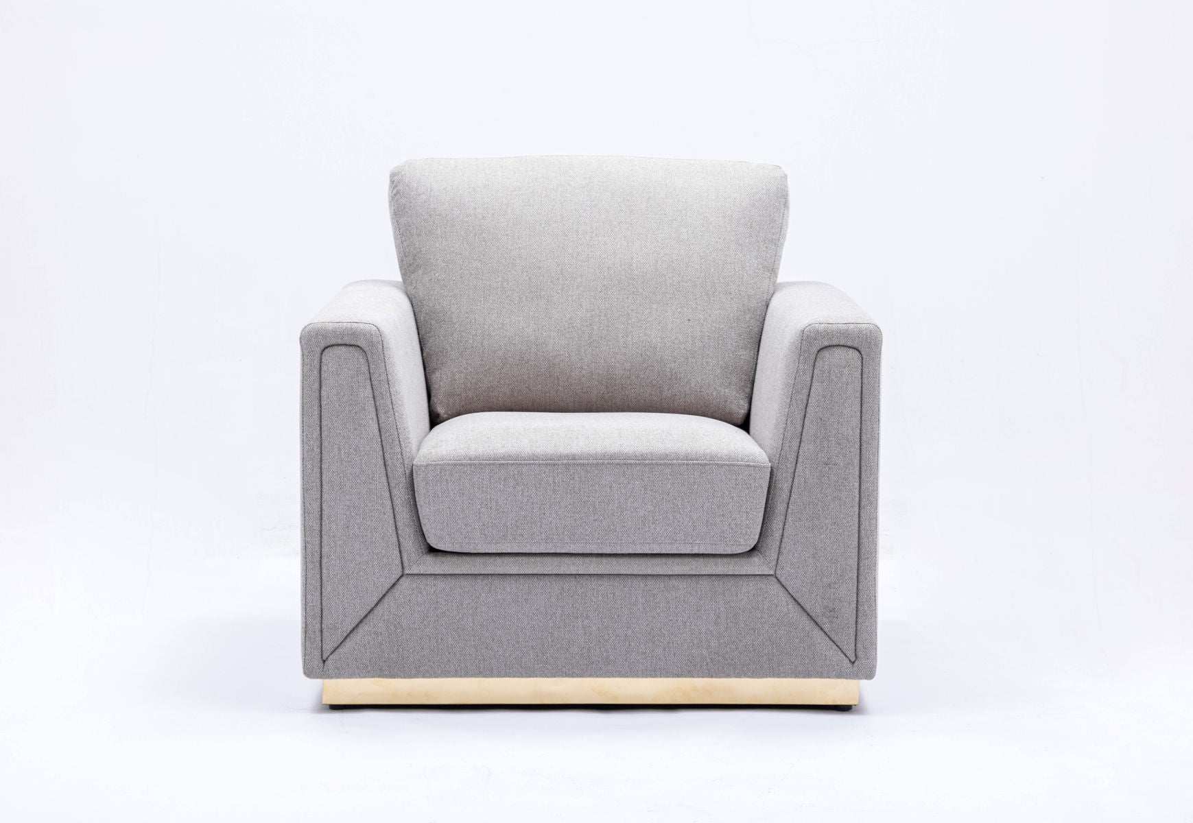 The Couch.com Valin Linen Chair for Living Room features a modern gray fabric design with thick cushioned seat and backrest, square armrests, and a light-colored base, shown against a plain white background.