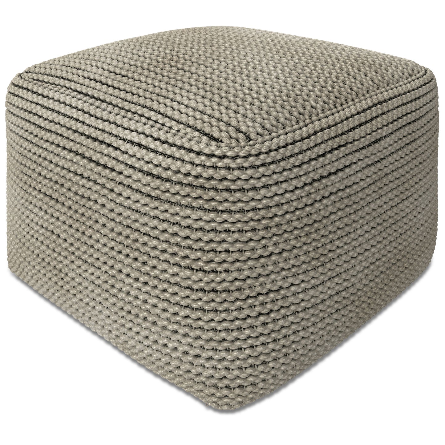 The Eastmont Outdoor/Indoor Pouf in cream is a square, beige ottoman with a chunky, textured knit pattern, shown against a white background.