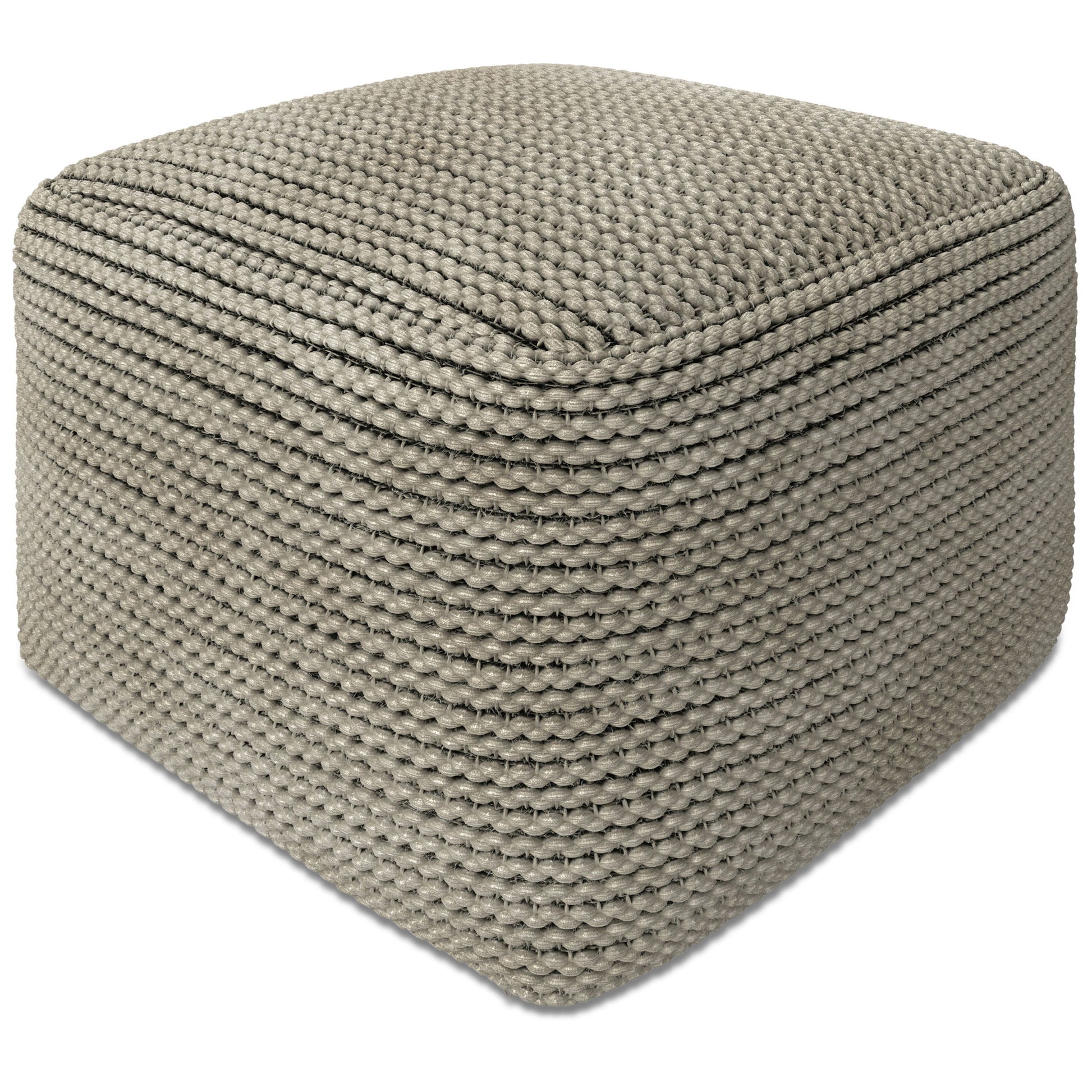 The Eastmont Outdoor/Indoor Pouf in cream is a square, beige ottoman with a chunky, textured knit pattern, shown against a white background.
