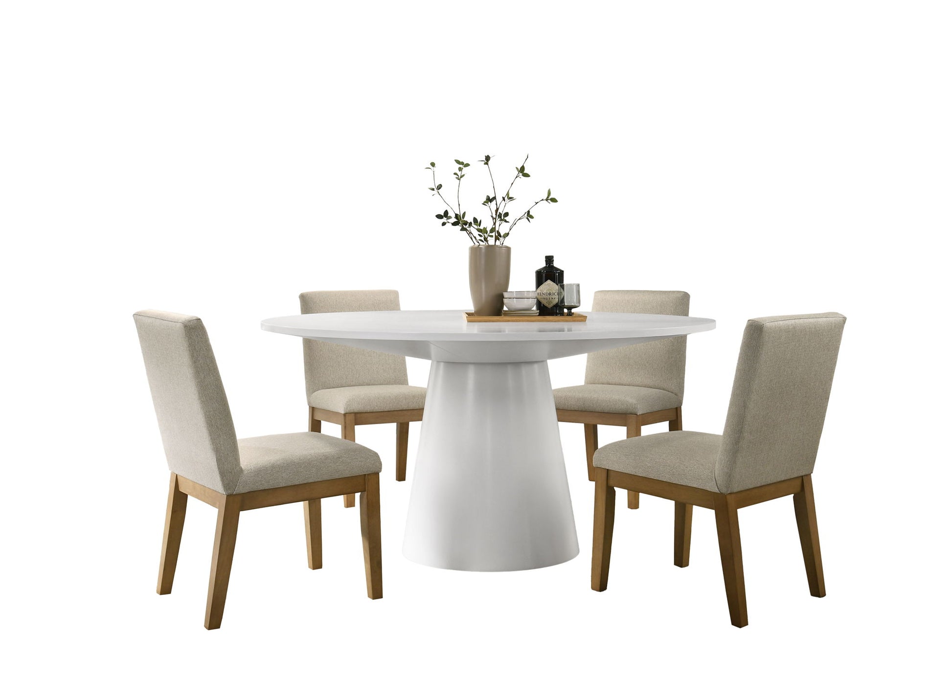 The Jasper Wide Contemporary Round Dining Table Set features a modern white table and four beige upholstered chairs with wooden legs, accented by a vase with branches and two small decorative objects on the tabletop.