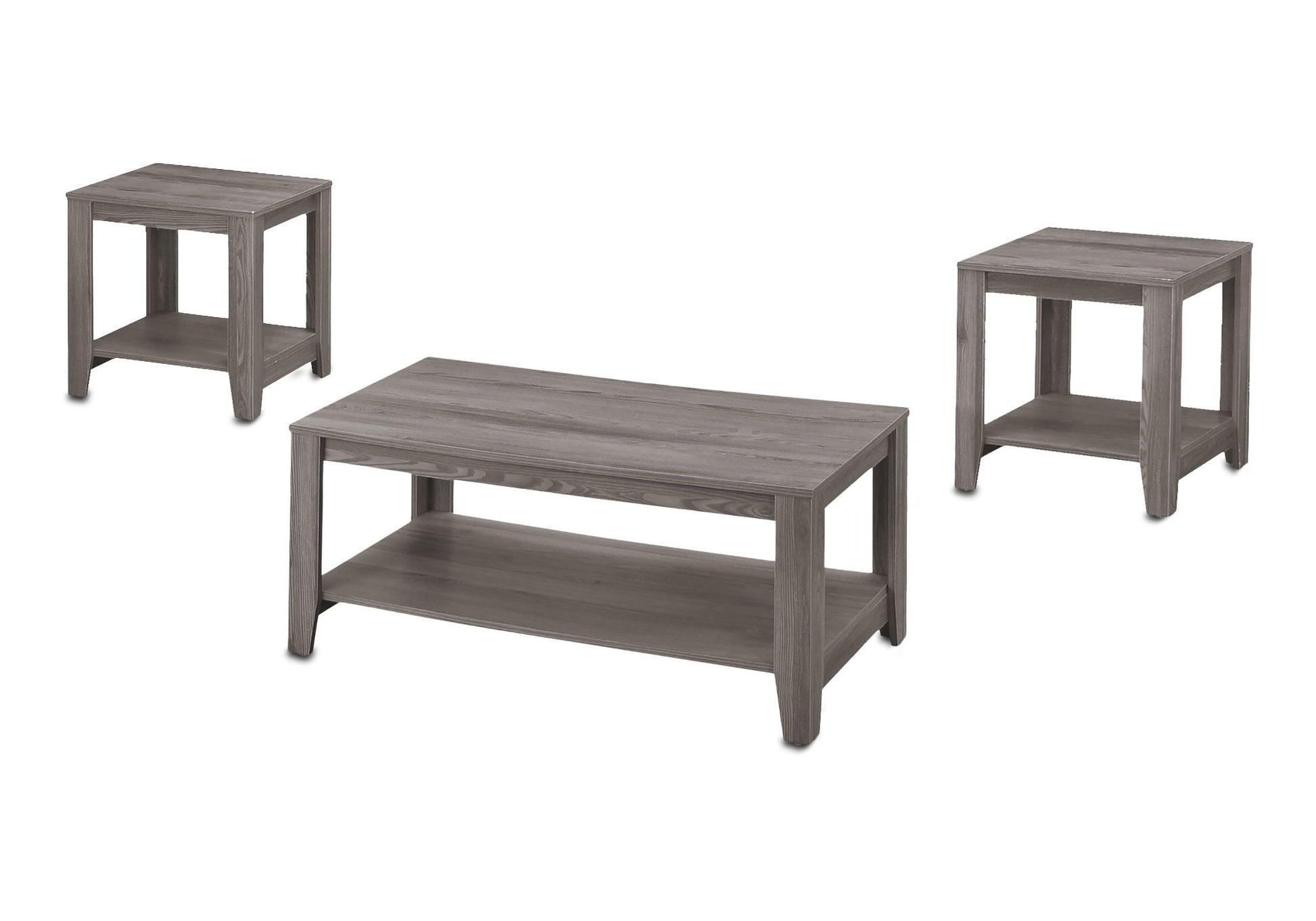 The Table Set, Coffee, End, Side, Accent, Transitional (Set of 3) includes a gray-finished rectangular coffee table and two matching square end tables with lower shelves for added storage.