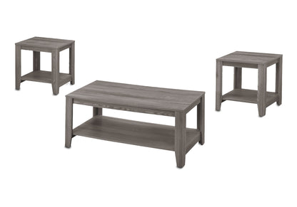 The Table Set, Coffee, End, Side, Accent, Transitional (Set of 3) includes a gray-finished rectangular coffee table and two matching square end tables with lower shelves for added storage.