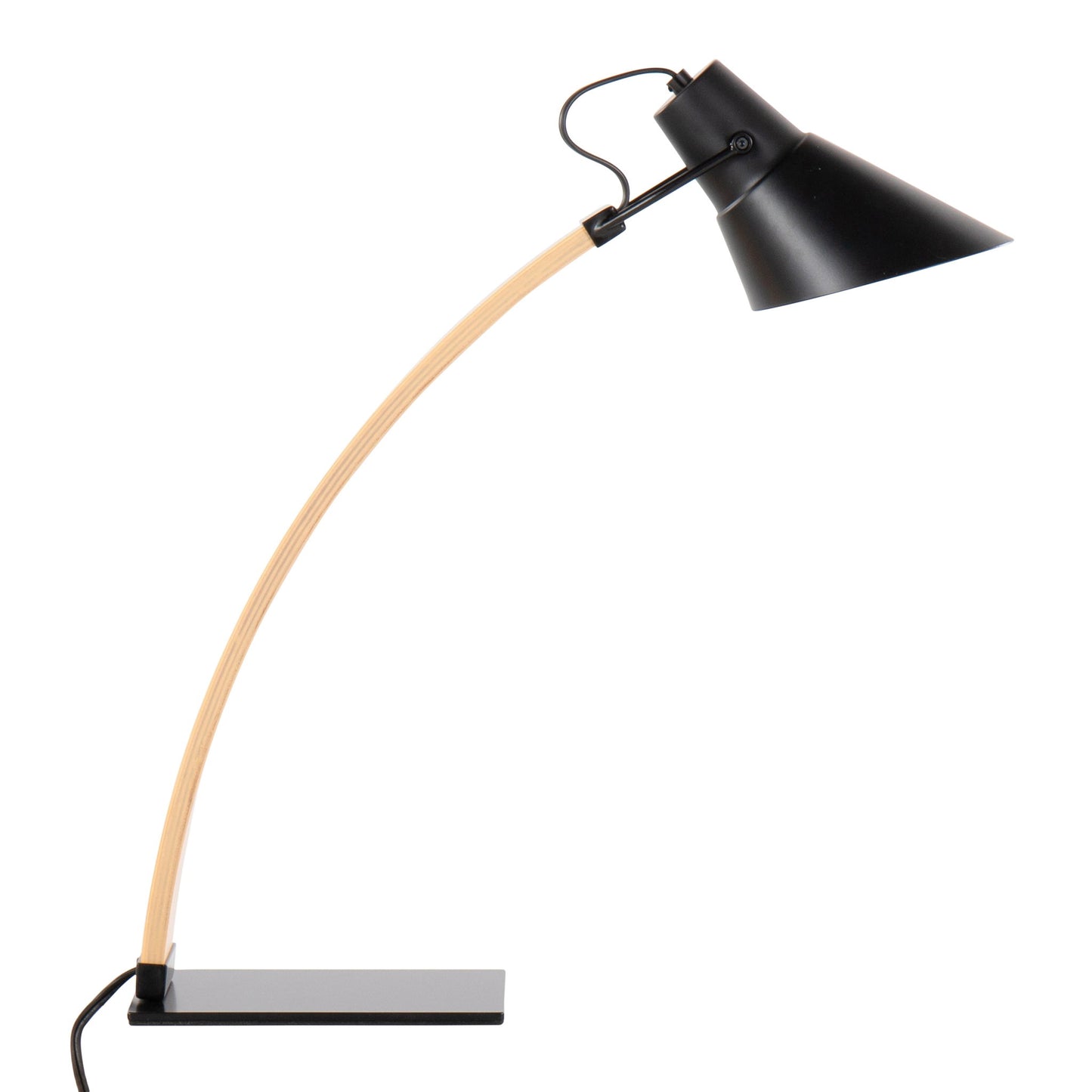 The Noah - Contemporary Table Lamp features a curved wooden arm, black metal base, and black conical shade. An electrical cord is visible at the base for convenient use.