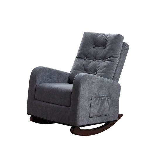 A modern gray Single Sofa Reclining Japanese Chair with an upholstered, button-tufted backrest and side pocket, set against a white background. Features curved wooden legs for smooth rocking motion.
