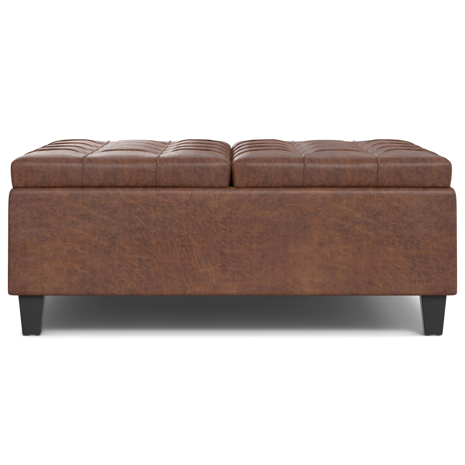 The Harrison Upholstered Coffee Table Storage Ottoman features a rectangular brown leather design with tufted top detailing, short black legs, and a sturdy upholstered base.
