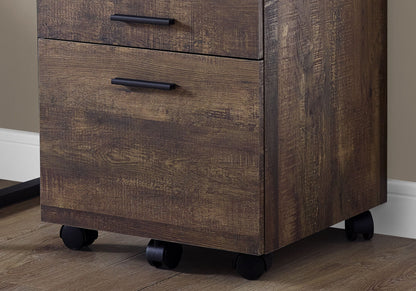 A close-up of the File Cabinet Rolling Mobile Storage Drawers Printer Stand For Office, featuring two drawers with black handles and black caster wheels, is shown on a hardwood floor against a beige wall.