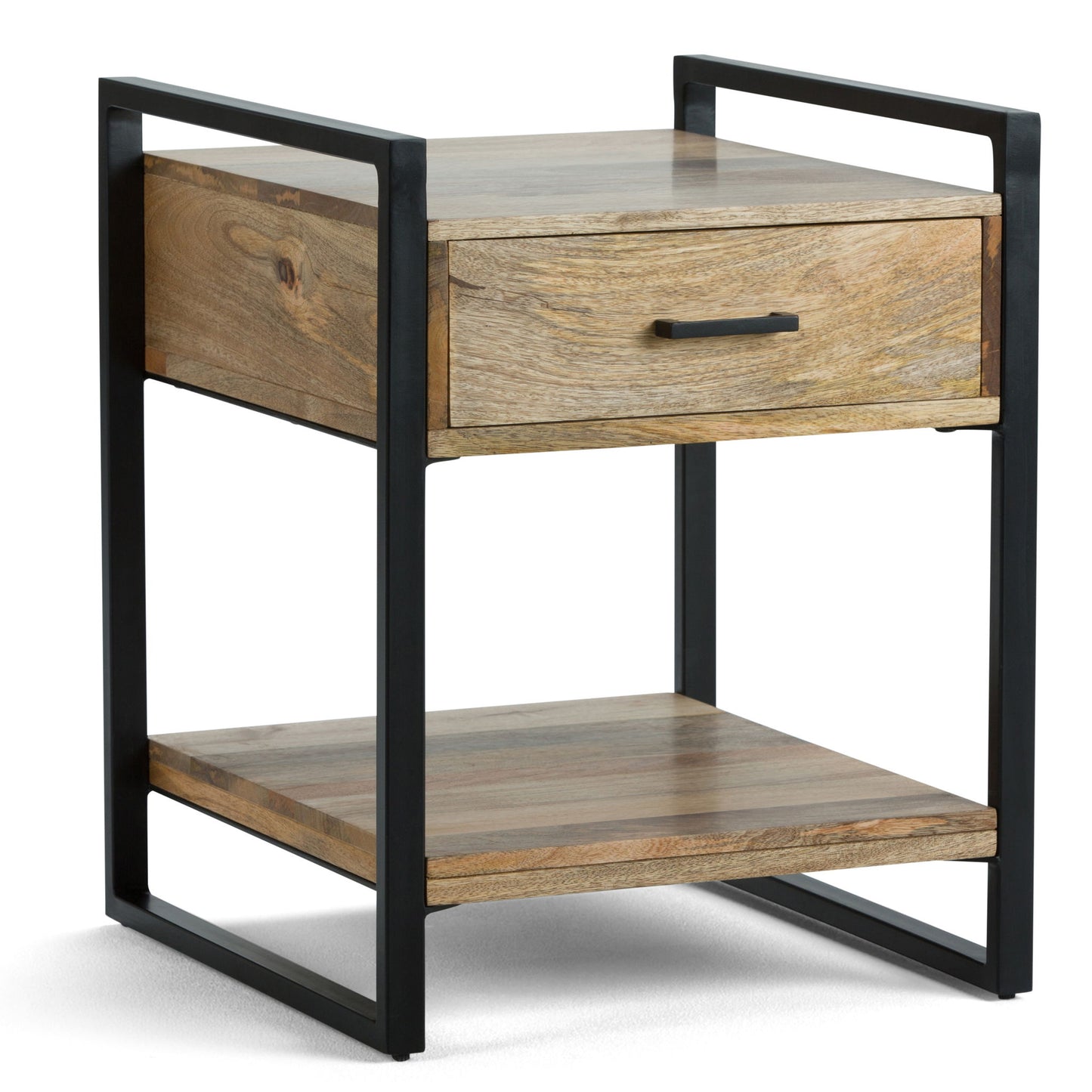 The Riverside Table is a modern wooden nightstand with a natural finish that highlights the grain, featuring a single drawer, black metal frame, and an open lower shelf.