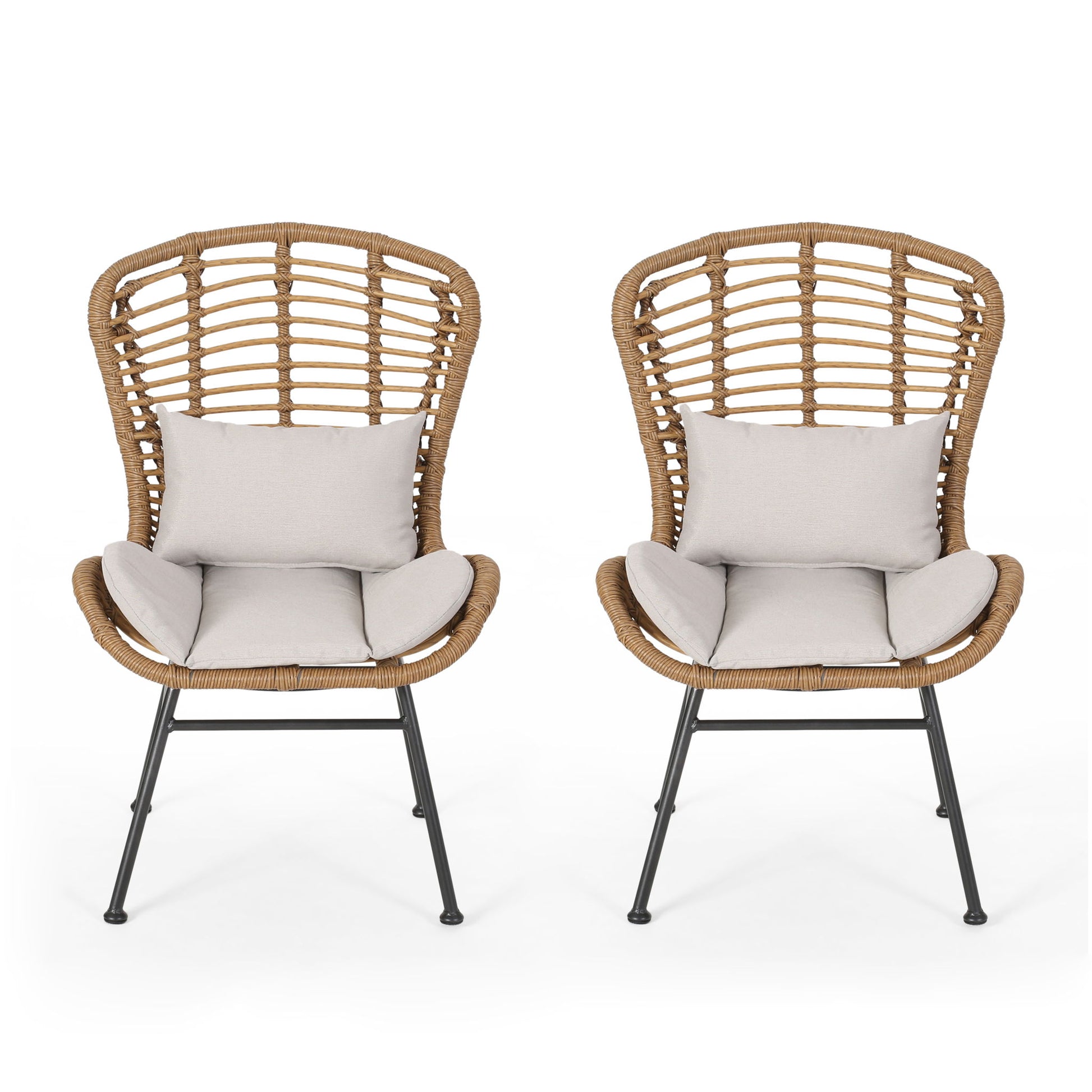 Two Calypso outdoor chairs with water-resistant cushions and iron frames, featuring high curved backs and light gray seats, displayed side by side against a white background.